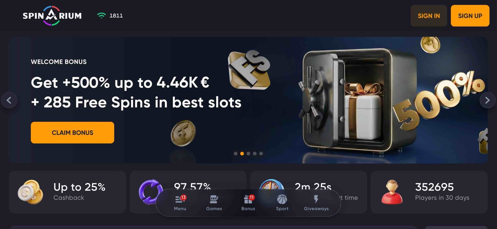 6. Spinarium Casino – 100 Giri Gratuiti con Codice ZLLA100
